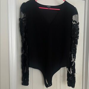 Express Women's Black Bodysuit with Lace Sleeves